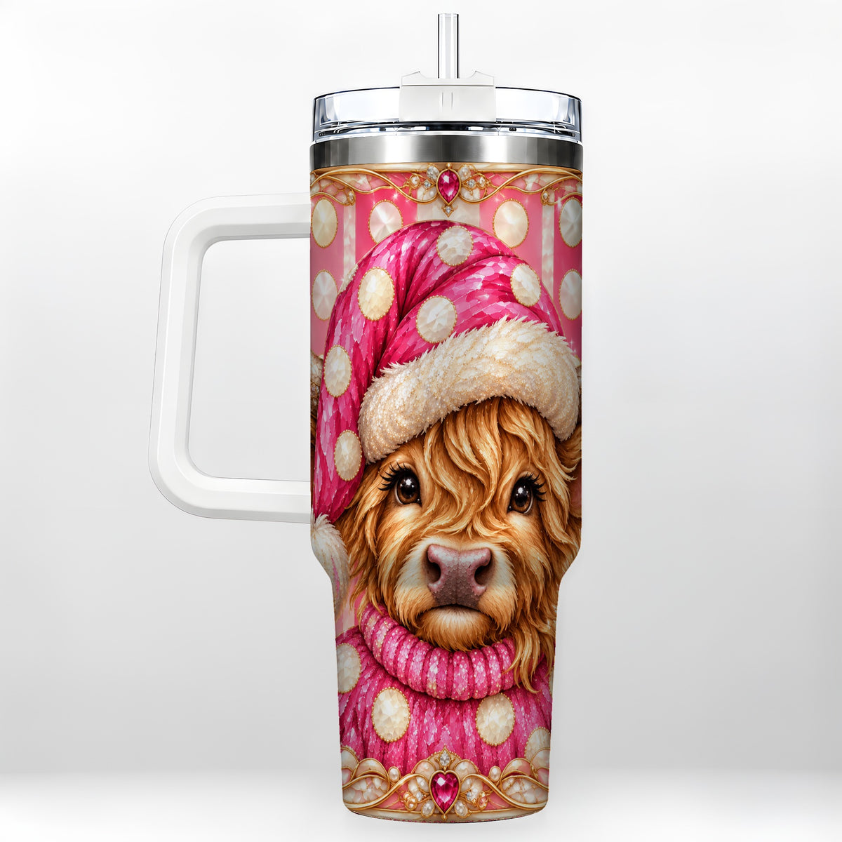 #pl[40oz|White] Pink Christmas Highland Cow 40oz Tumbler with Handle, Holiday Travel Cup