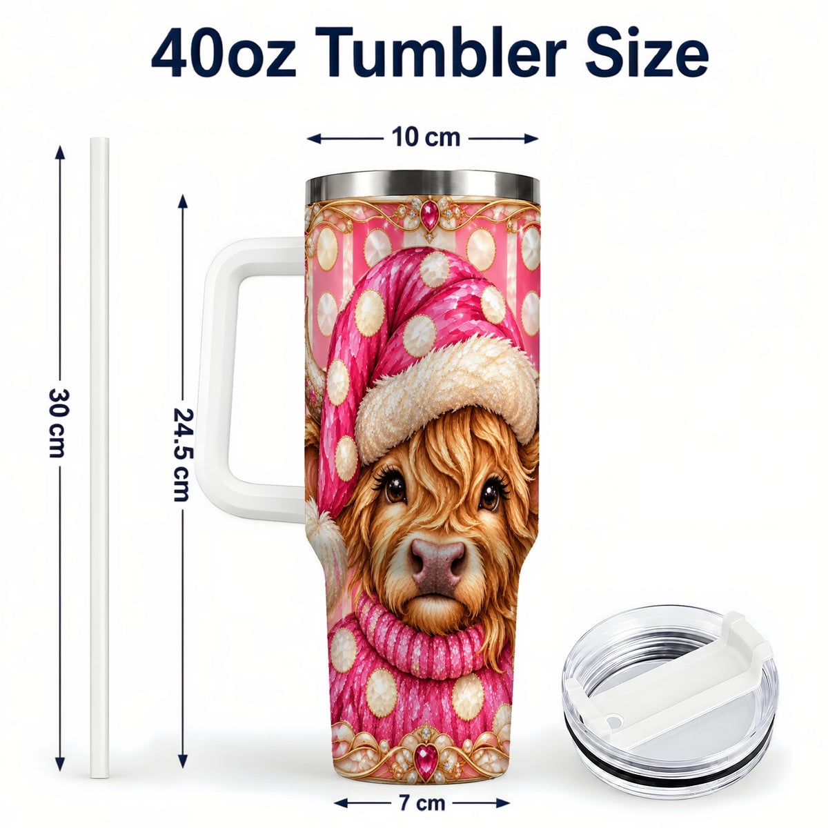 #pl[40oz|White] Pink Christmas Highland Cow 40oz Tumbler with Handle, Holiday Travel Cup