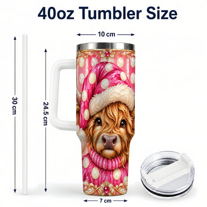 #pl[40oz|White] Pink Christmas Highland Cow 40oz Tumbler with Handle, Holiday Travel Cup