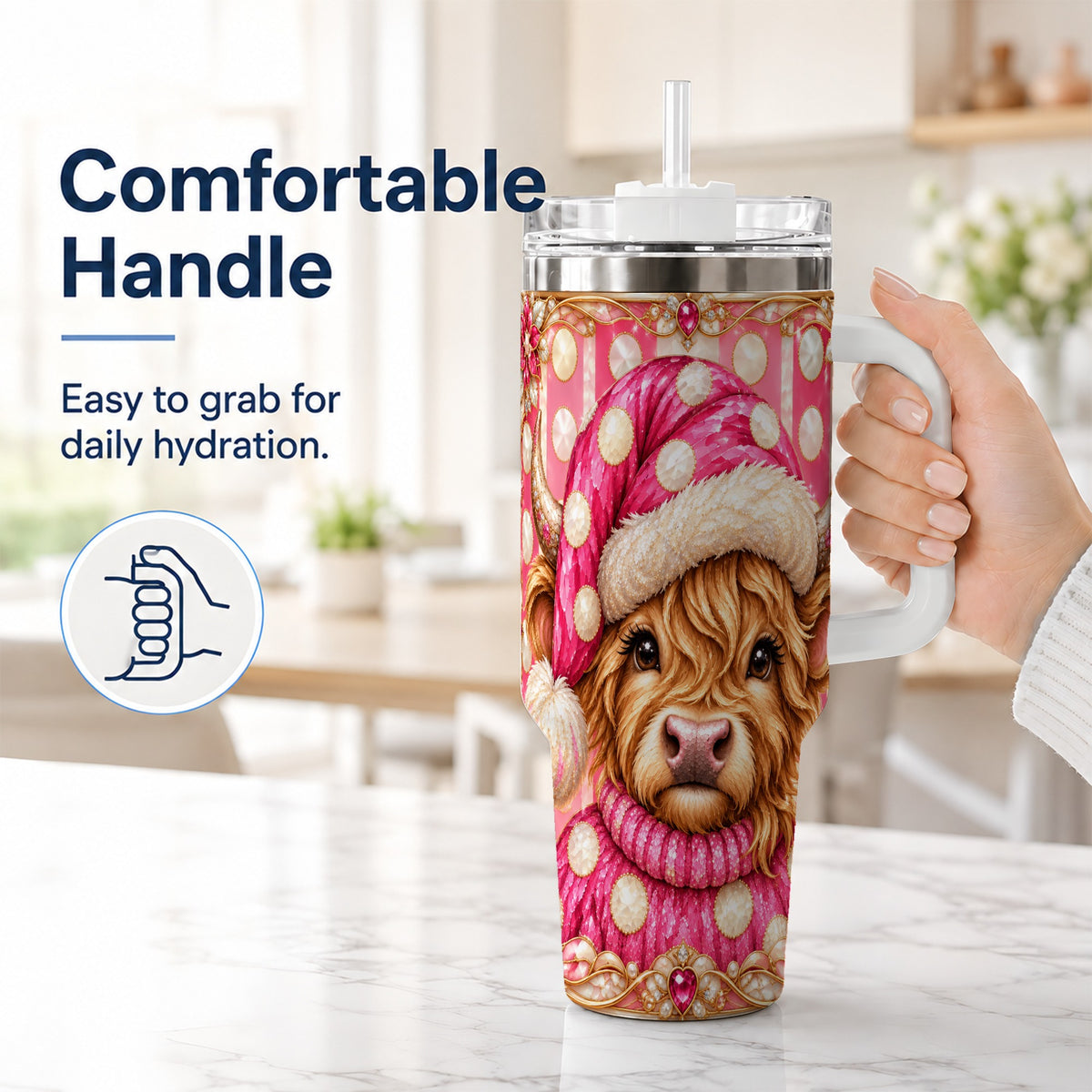 #pl[40oz|White] Pink Christmas Highland Cow 40oz Tumbler with Handle, Holiday Travel Cup
