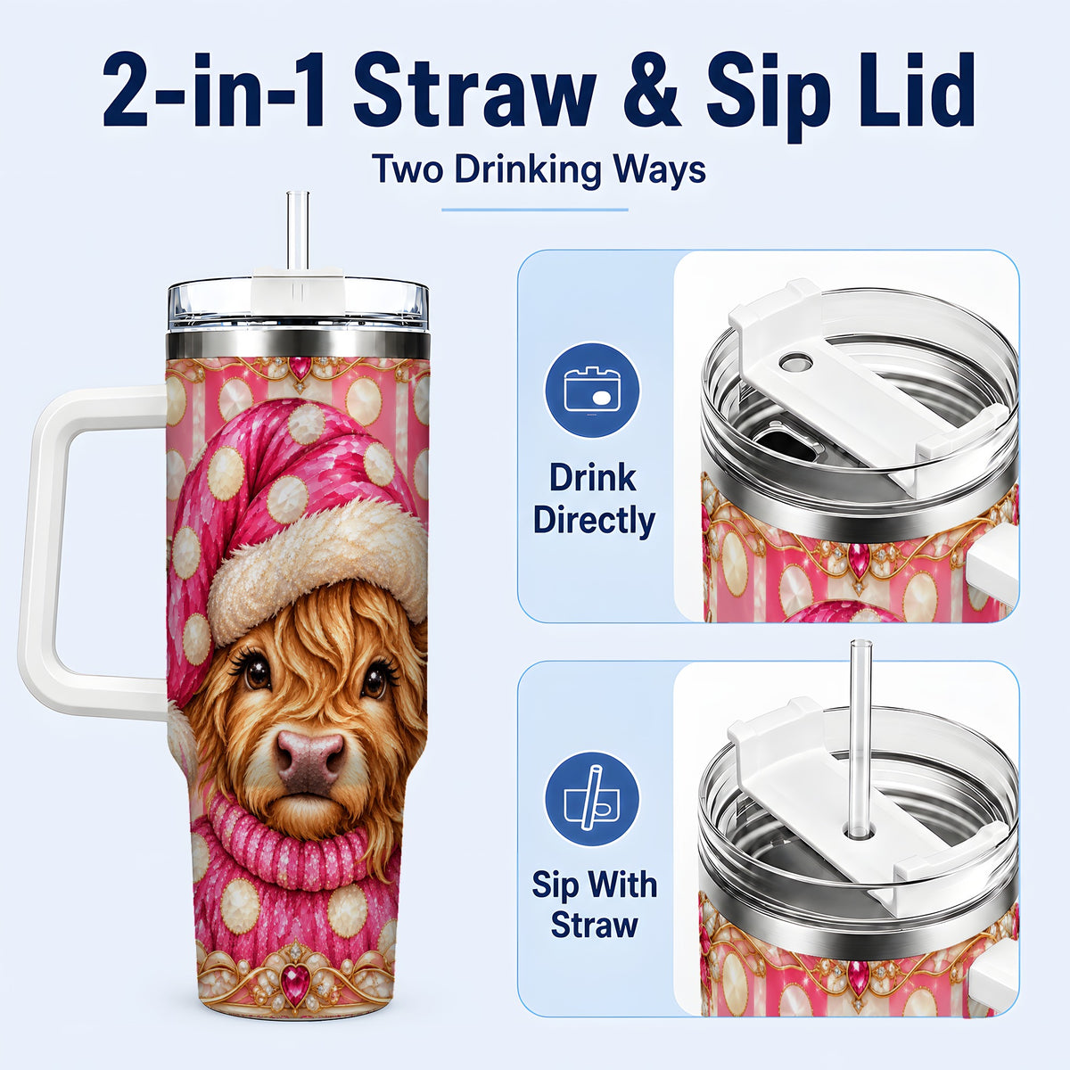 #pl[40oz|White] Pink Christmas Highland Cow 40oz Tumbler with Handle, Holiday Travel Cup