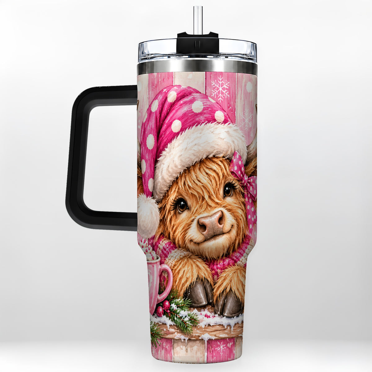 #pl[40oz|Black] Watercolor Highland Cow 40oz Tumbler with Handle, Christmas Travel Cup
