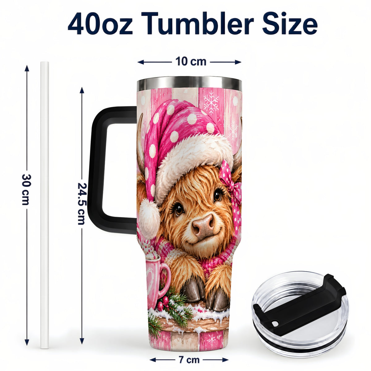 #pl[40oz|Black] Watercolor Highland Cow 40oz Tumbler with Handle, Christmas Travel Cup