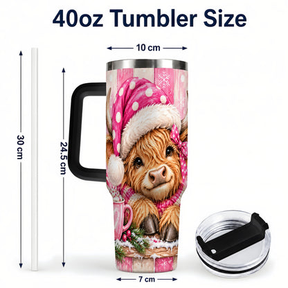 #pl[40oz|Black] Watercolor Highland Cow 40oz Tumbler with Handle, Christmas Travel Cup