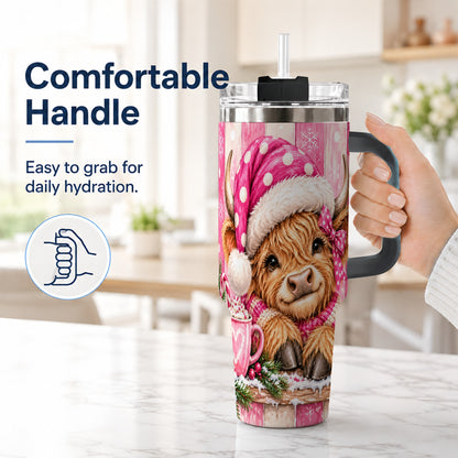 #pl[40oz|Black] Watercolor Highland Cow 40oz Tumbler with Handle, Christmas Travel Cup