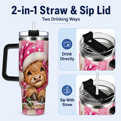 #pl[40oz|Black] Watercolor Highland Cow 40oz Tumbler with Handle, Christmas Travel Cup
