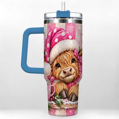 #pl[40oz|Blue] Watercolor Highland Cow 40oz Tumbler with Handle, Christmas Travel Cup