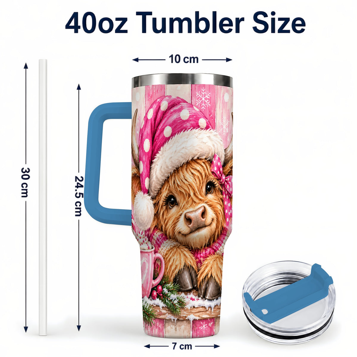 #pl[40oz|Blue] Watercolor Highland Cow 40oz Tumbler with Handle, Christmas Travel Cup