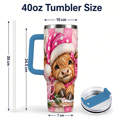 #pl[40oz|Blue] Watercolor Highland Cow 40oz Tumbler with Handle, Christmas Travel Cup
