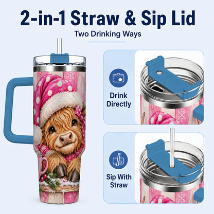 #pl[40oz|Blue] Watercolor Highland Cow 40oz Tumbler with Handle, Christmas Travel Cup