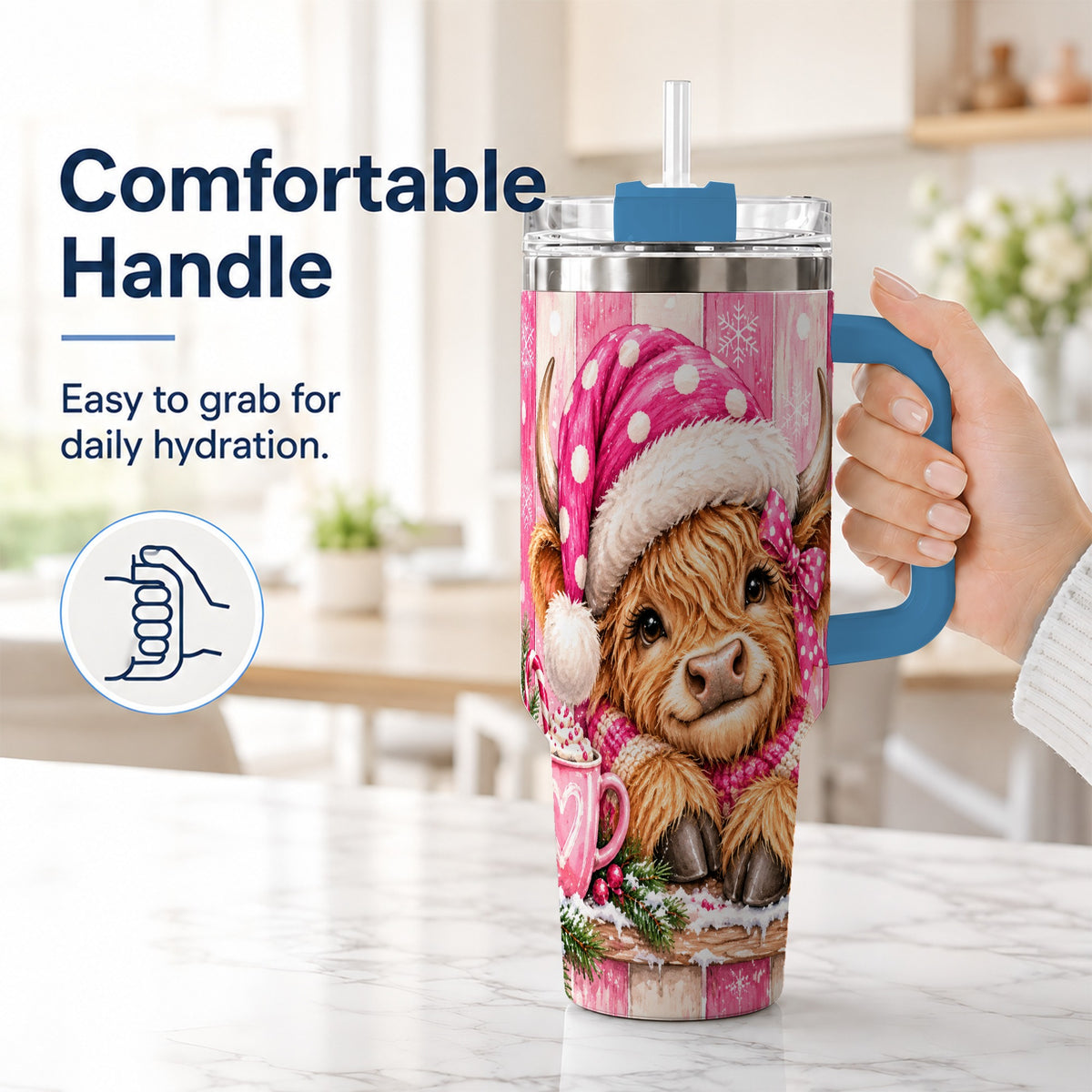 #pl[40oz|Blue] Watercolor Highland Cow 40oz Tumbler with Handle, Christmas Travel Cup