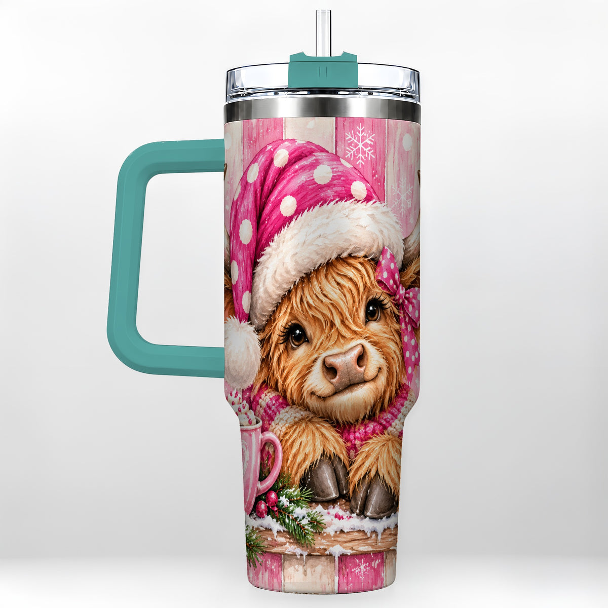 #pl[40oz|Green] Watercolor Highland Cow 40oz Tumbler with Handle, Christmas Travel Cup