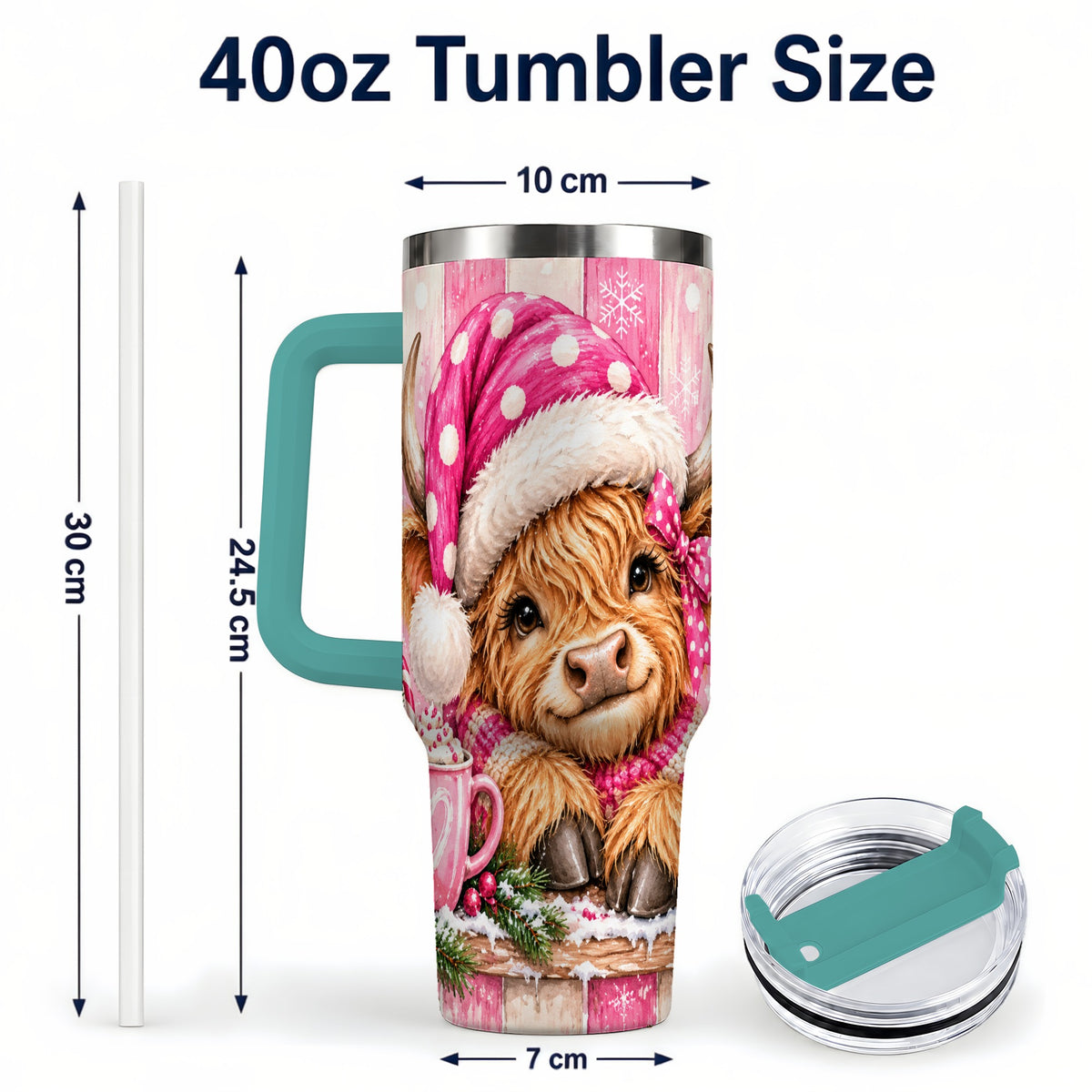 #pl[40oz|Green] Watercolor Highland Cow 40oz Tumbler with Handle, Christmas Travel Cup