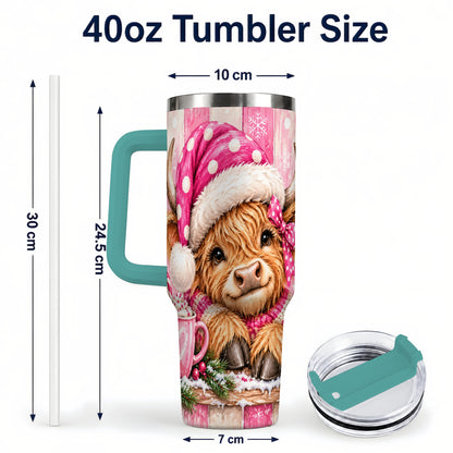 #pl[40oz|Green] Watercolor Highland Cow 40oz Tumbler with Handle, Christmas Travel Cup