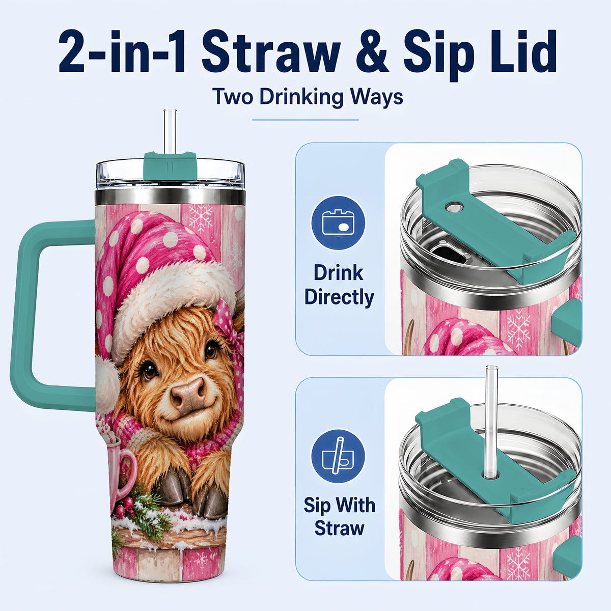 #pl[40oz|Green] Watercolor Highland Cow 40oz Tumbler with Handle, Christmas Travel Cup