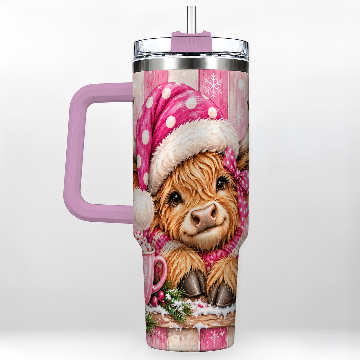 #pl[40oz|Pink] Watercolor Highland Cow 40oz Tumbler with Handle, Christmas Travel Cup