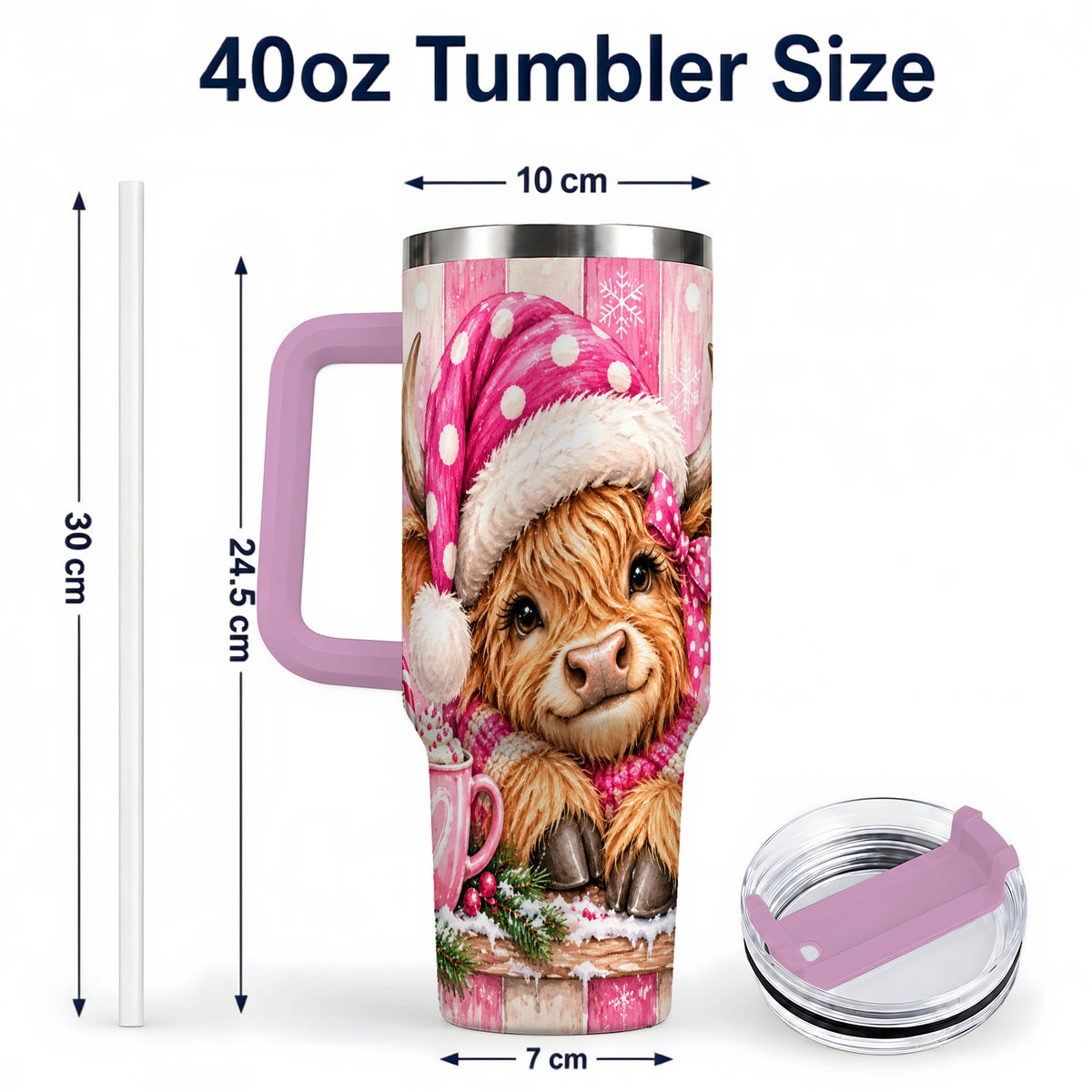 #pl[40oz|Pink] Watercolor Highland Cow 40oz Tumbler with Handle, Christmas Travel Cup