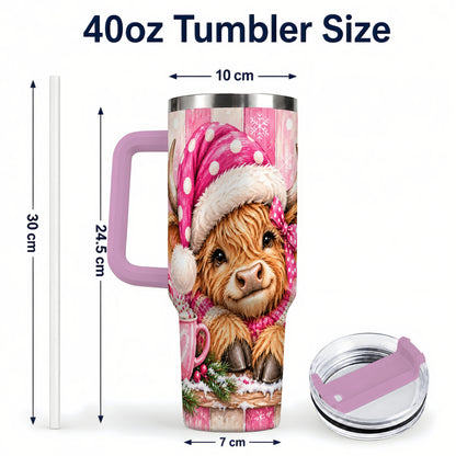#pl[40oz|Pink] Watercolor Highland Cow 40oz Tumbler with Handle, Christmas Travel Cup