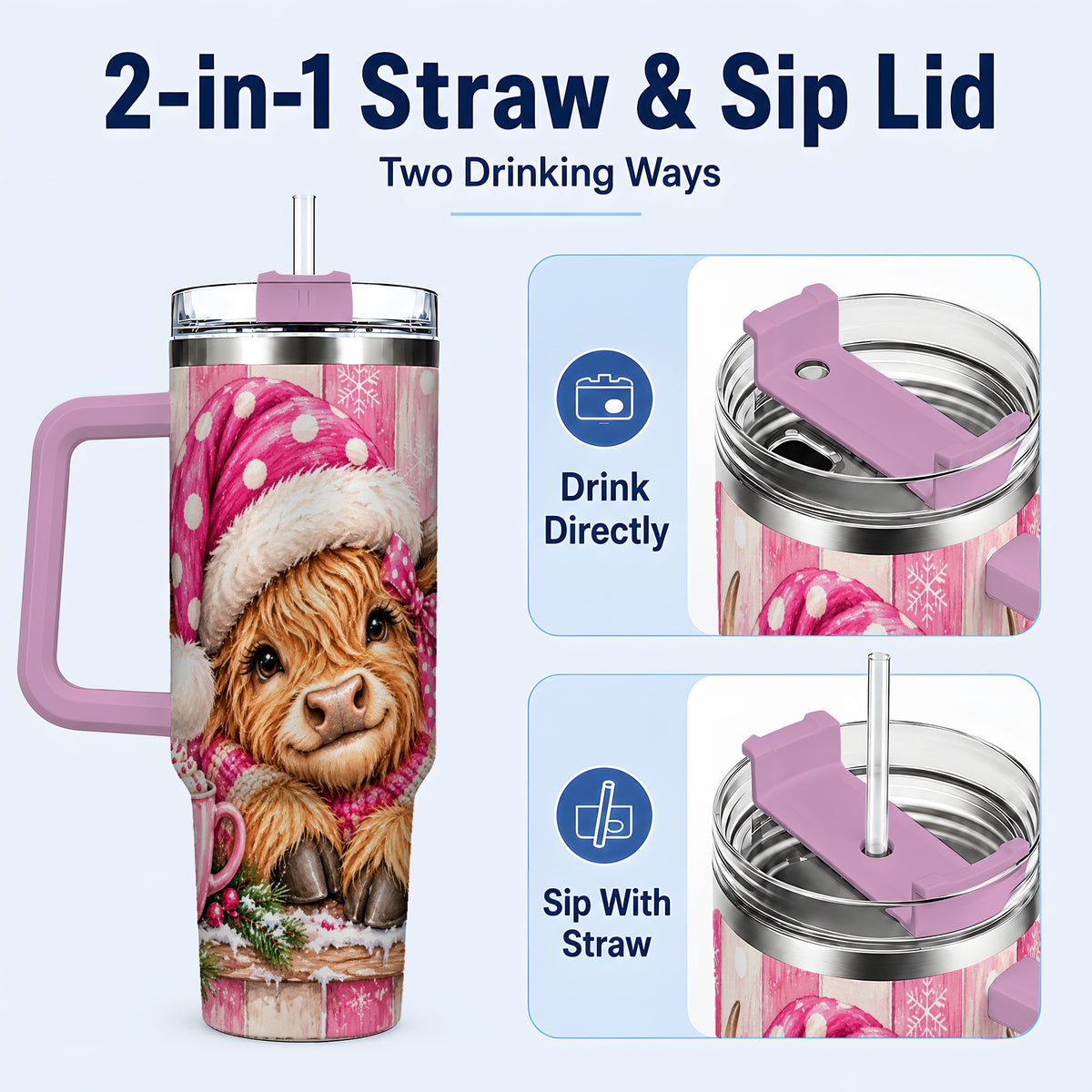 #pl[40oz|Pink] Watercolor Highland Cow 40oz Tumbler with Handle, Christmas Travel Cup
