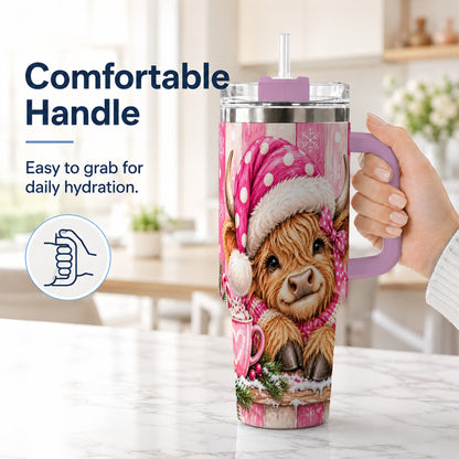 #pl[40oz|Pink] Watercolor Highland Cow 40oz Tumbler with Handle, Christmas Travel Cup