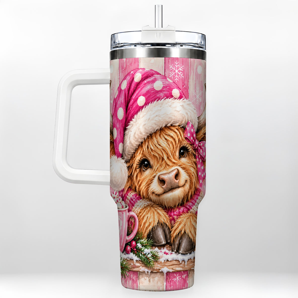 #pl[40oz|White] Watercolor Highland Cow 40oz Tumbler with Handle, Christmas Travel Cup
