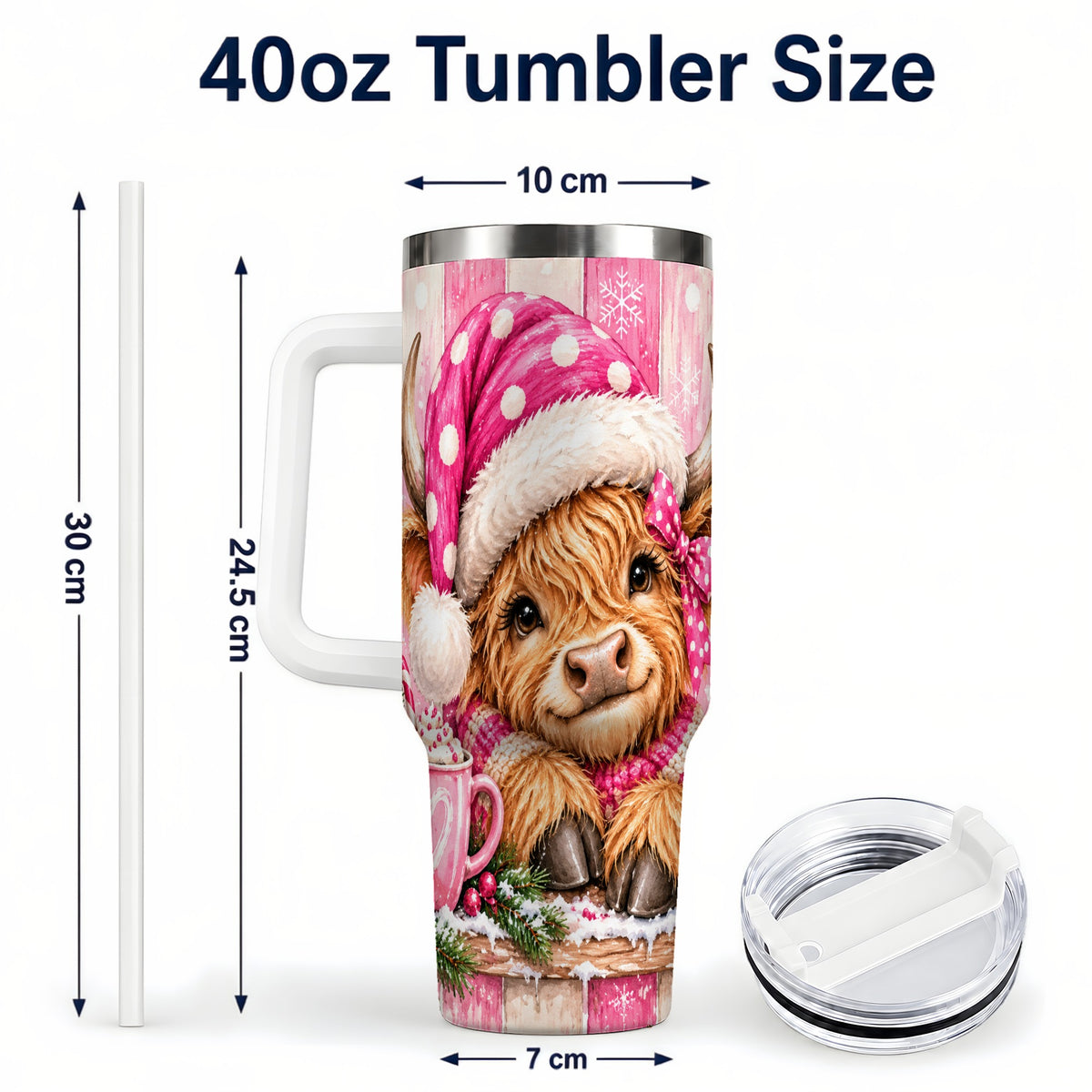 #pl[40oz|White] Watercolor Highland Cow 40oz Tumbler with Handle, Christmas Travel Cup