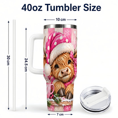 #pl[40oz|White] Watercolor Highland Cow 40oz Tumbler with Handle, Christmas Travel Cup