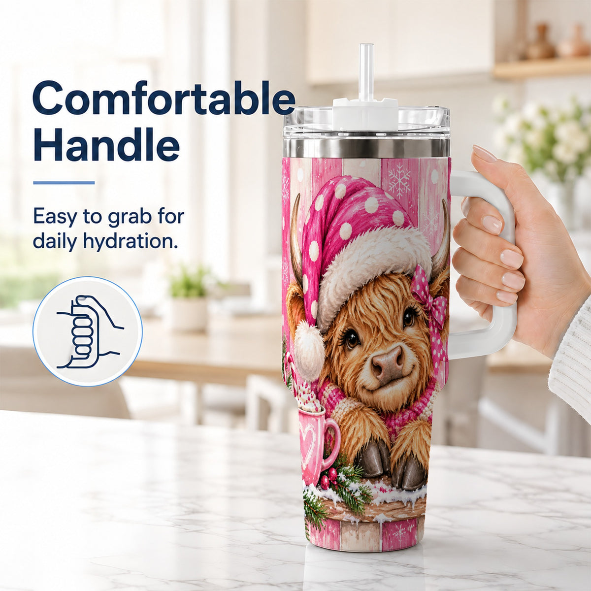 #pl[40oz|White] Watercolor Highland Cow 40oz Tumbler with Handle, Christmas Travel Cup