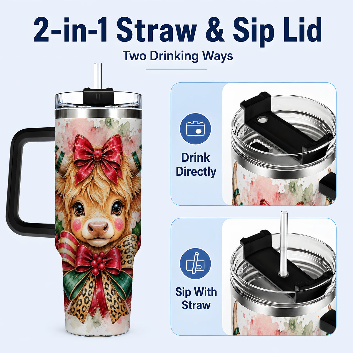 #pl[40oz|Black] Holiday Cow 40oz Tumbler, Highland Cow Tumbler, Stainless Steel Travel Cup