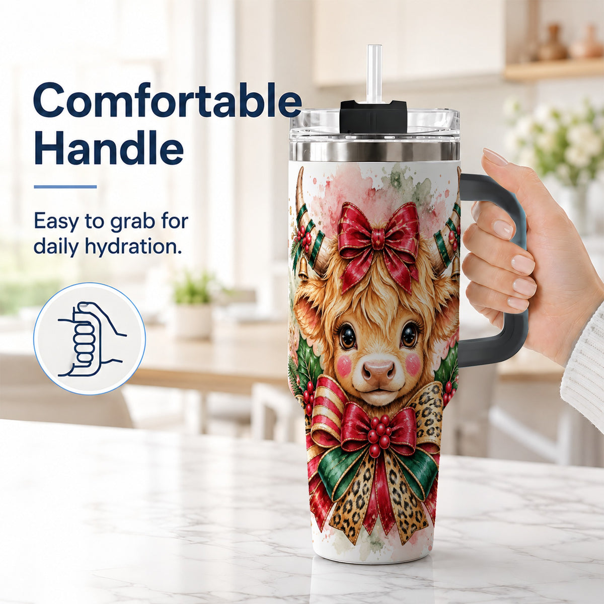 #pl[40oz|Black] Holiday Cow 40oz Tumbler, Highland Cow Tumbler, Stainless Steel Travel Cup