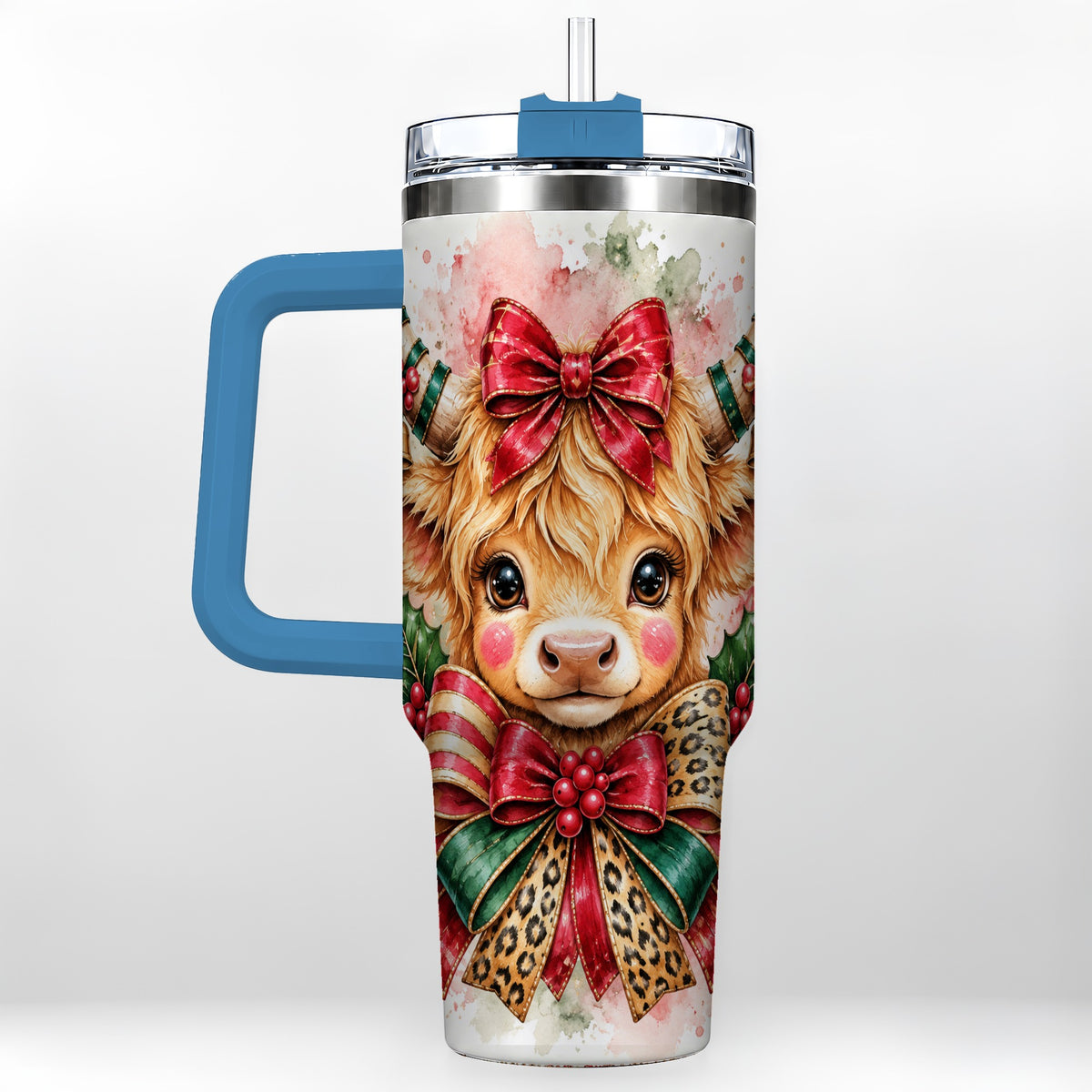 #pl[40oz|Blue] Holiday Cow 40oz Tumbler, Highland Cow Tumbler, Stainless Steel Travel Cup