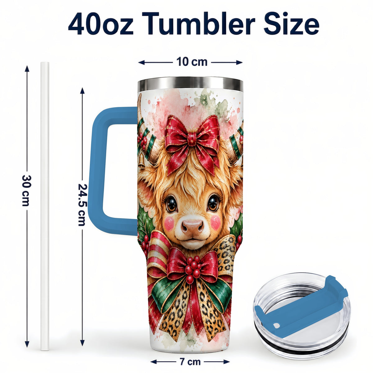 #pl[40oz|Blue] Holiday Cow 40oz Tumbler, Highland Cow Tumbler, Stainless Steel Travel Cup
