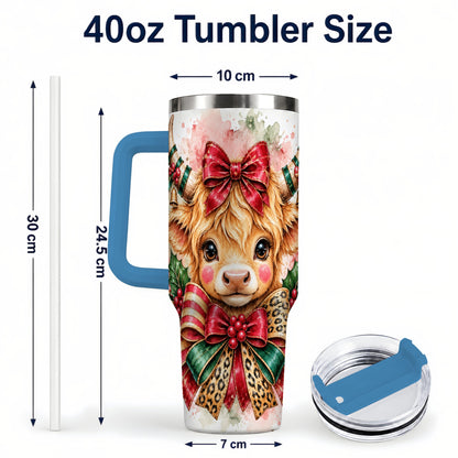 #pl[40oz|Blue] Holiday Cow 40oz Tumbler, Highland Cow Tumbler, Stainless Steel Travel Cup