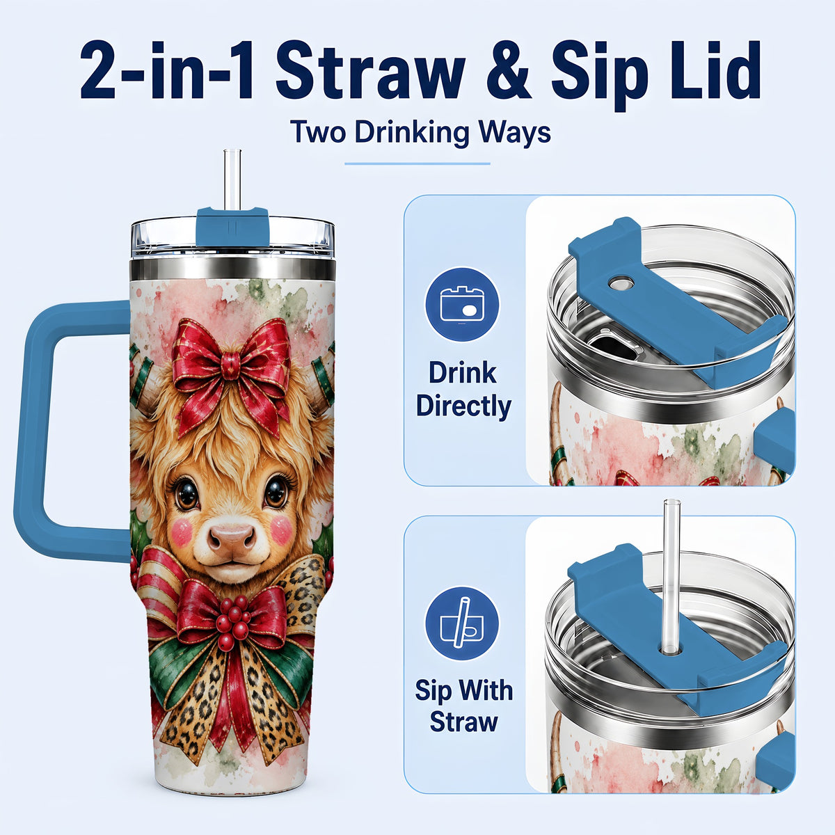 #pl[40oz|Blue] Holiday Cow 40oz Tumbler, Highland Cow Tumbler, Stainless Steel Travel Cup