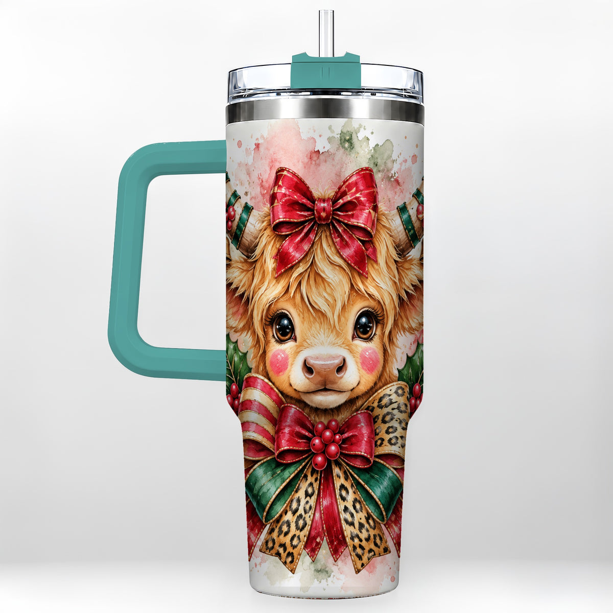 #pl[40oz|Green] Holiday Cow 40oz Tumbler, Highland Cow Tumbler, Stainless Steel Travel Cup