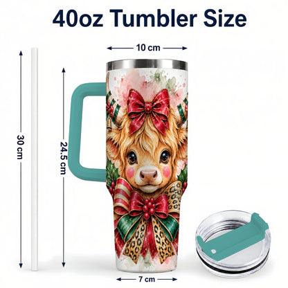 #pl[40oz|Green] Holiday Cow 40oz Tumbler, Highland Cow Tumbler, Stainless Steel Travel Cup