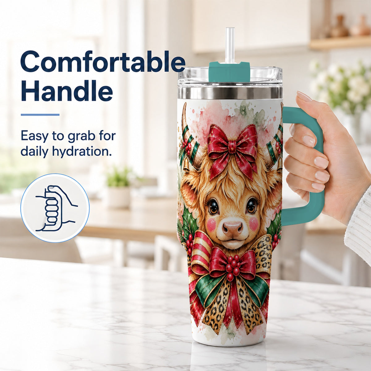 #pl[40oz|Green] Holiday Cow 40oz Tumbler, Highland Cow Tumbler, Stainless Steel Travel Cup