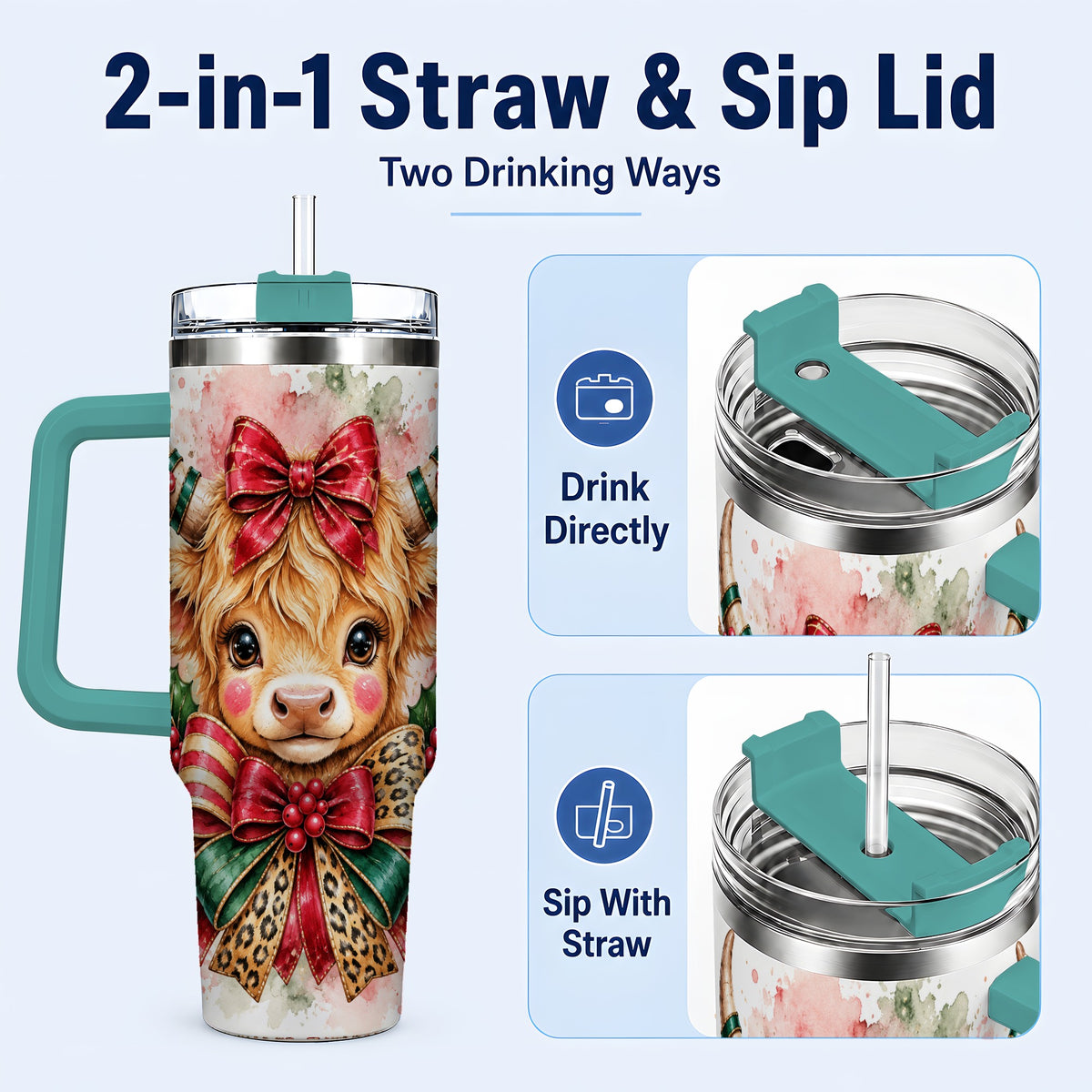 #pl[40oz|Green] Holiday Cow 40oz Tumbler, Highland Cow Tumbler, Stainless Steel Travel Cup