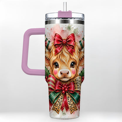 #pl[40oz|Pink] Holiday Cow 40oz Tumbler, Highland Cow Tumbler, Stainless Steel Travel Cup