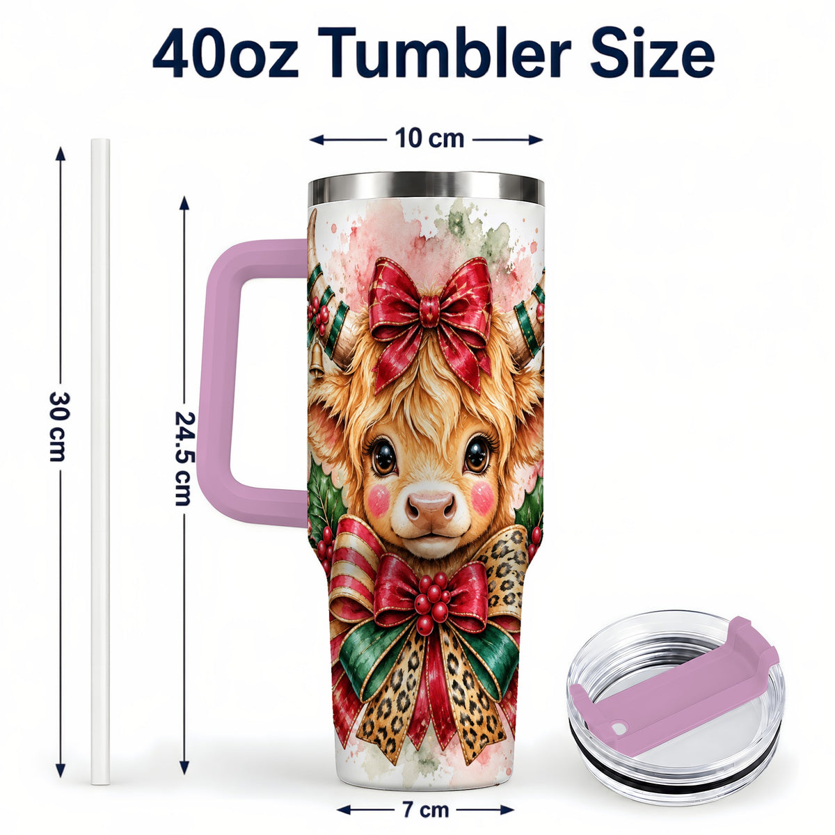 #pl[40oz|Pink] Holiday Cow 40oz Tumbler, Highland Cow Tumbler, Stainless Steel Travel Cup