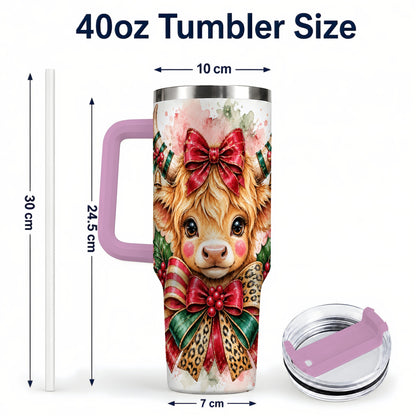 #pl[40oz|Pink] Holiday Cow 40oz Tumbler, Highland Cow Tumbler, Stainless Steel Travel Cup