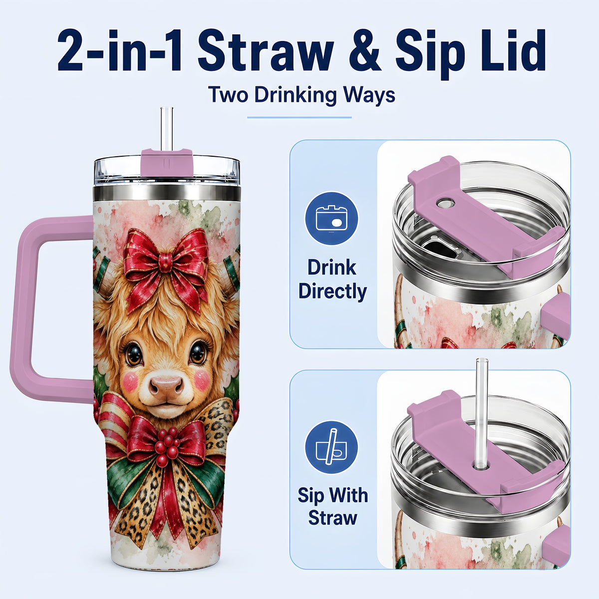 #pl[40oz|Pink] Holiday Cow 40oz Tumbler, Highland Cow Tumbler, Stainless Steel Travel Cup
