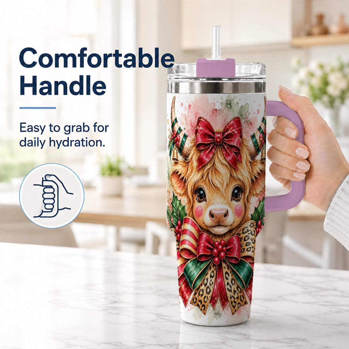 #pl[40oz|Pink] Holiday Cow 40oz Tumbler, Highland Cow Tumbler, Stainless Steel Travel Cup