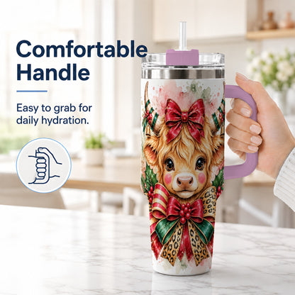 #pl[40oz|Pink] Holiday Cow 40oz Tumbler, Highland Cow Tumbler, Stainless Steel Travel Cup