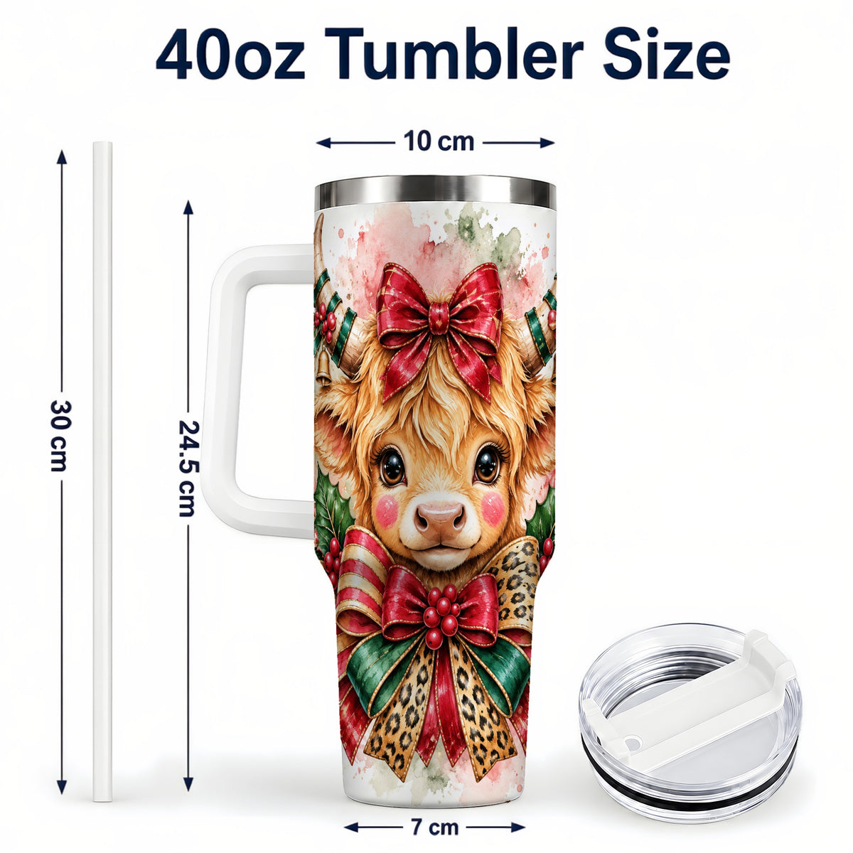 #pl[40oz|White] Holiday Cow 40oz Tumbler, Highland Cow Tumbler, Stainless Steel Travel Cup