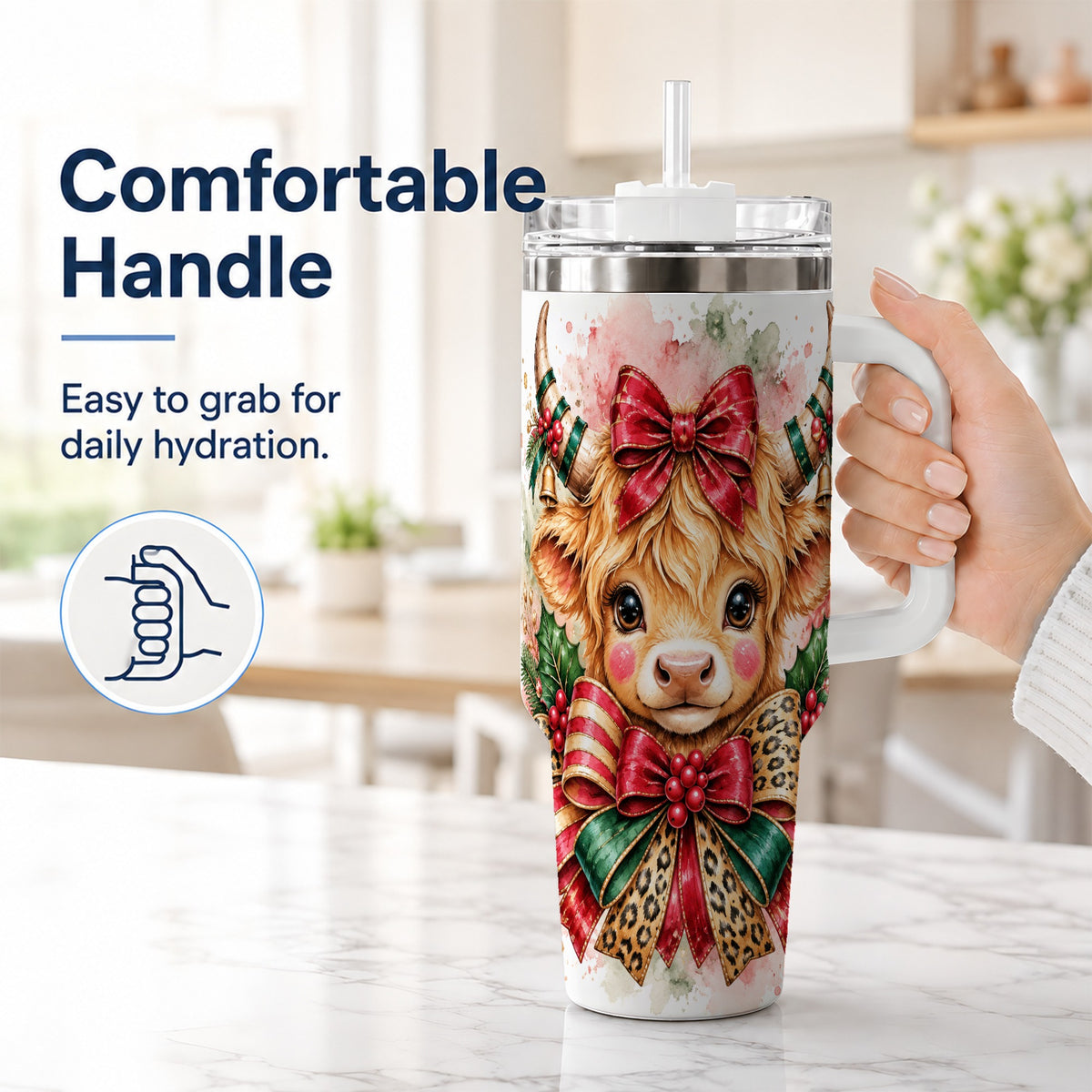 #pl[40oz|White] Holiday Cow 40oz Tumbler, Highland Cow Tumbler, Stainless Steel Travel Cup