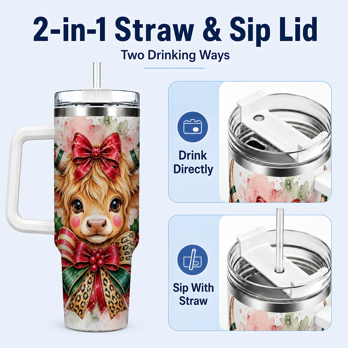 #pl[40oz|White] Holiday Cow 40oz Tumbler, Highland Cow Tumbler, Stainless Steel Travel Cup