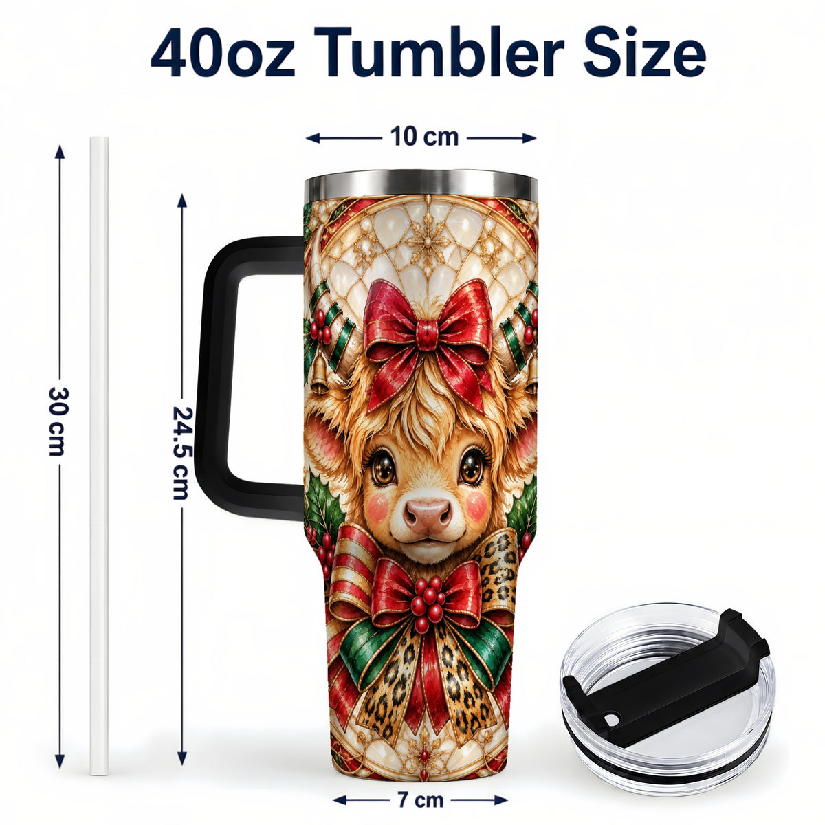 #pl[40oz|Black] Ornate Cow 40oz Tumbler, Christmas Cow Tumbler, Stainless Steel Travel Cup