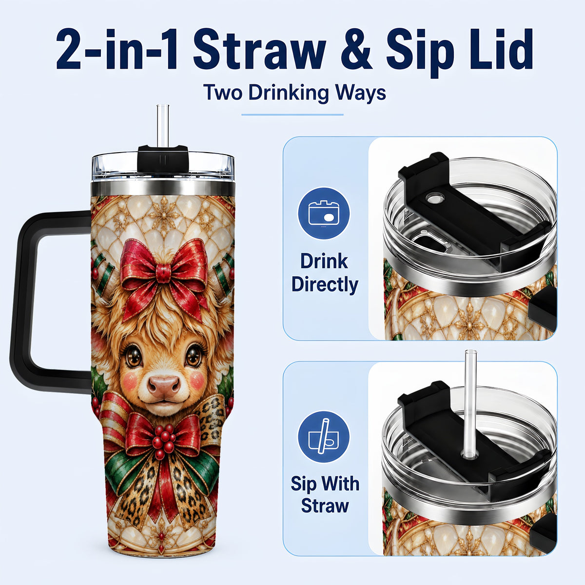 #pl[40oz|Black] Ornate Cow 40oz Tumbler, Christmas Cow Tumbler, Stainless Steel Travel Cup