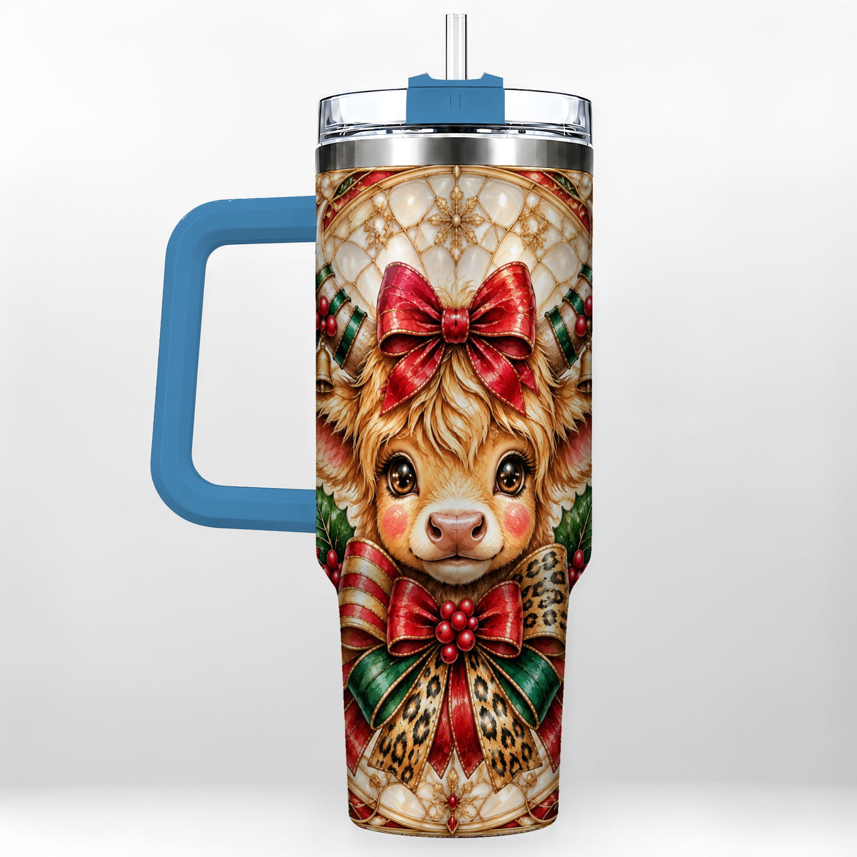#pl[40oz|Blue] Ornate Cow 40oz Tumbler, Christmas Cow Tumbler, Stainless Steel Travel Cup